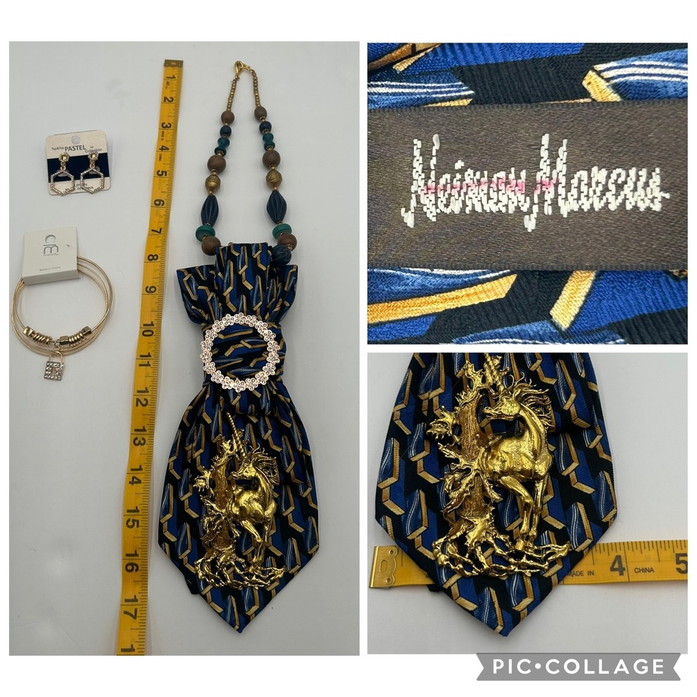 Neiman Marcus Silk Tie Necklace Unicorn Brooch Set Earrings Bracelet Blue Gold - Picture 4 of 12
